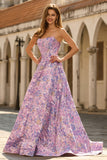 Lilac Jacquard Floral Corset Strapless A Line Long Prom Dress