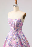Corset Lilac Jacquard Strapless A Line Floral Long Prom Dress