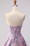 Corset Lilac Jacquard Strapless A Line Floral Long Prom Dress