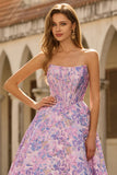 Lilac Jacquard Floral Corset Strapless A Line Long Prom Dress