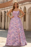 Strapless Lilac Jacquard A Line Corset Floral Plus Size Long Prom Dress