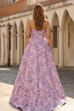 Strapless Lilac Jacquard A Line Corset Floral Plus Size Long Prom Dress