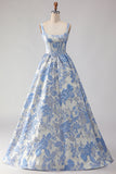 Light Blue Floral Corset Jacquard Square Neck Long Prom Dress