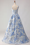 Light Blue Floral Corset Jacquard Square Neck Long Prom Dress