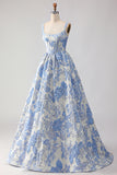 Light Blue Floral Corset Jacquard Square Neck Long Prom Dress