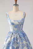 Light Blue Floral Corset Jacquard Square Neck Long Prom Dress