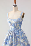 Light Blue Floral Corset Jacquard Square Neck Long Prom Dress