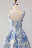 Light Blue Floral Corset Jacquard Square Neck Long Prom Dress