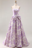 Strapless Lilac Floral Jacquard A Line Long Prom Dress With Bow