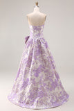 Strapless Lilac Floral Jacquard A Line Long Prom Dress With Bow