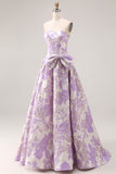 Strapless Lilac Floral Jacquard A Line Long Prom Dress With Bow