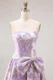 Strapless Lilac Floral Jacquard A Line Long Prom Dress With Bow