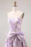 Strapless Lilac Floral Jacquard A Line Long Prom Dress With Bow
