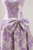 Strapless Lilac Floral Jacquard A Line Long Prom Dress With Bow