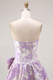 Strapless Lilac Floral Jacquard A Line Long Prom Dress With Bow