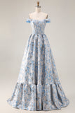 Light Blue A Line Ruffled Prom Dress with Detachable Sleeves