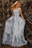 Floral Jacquard Light Blue Corset A Line Prom Dress with Detachable Straps