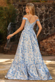 Floral Jacquard Light Blue Corset A Line Prom Dress with Detachable Straps
