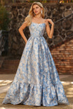Floral Jacquard Light Blue Corset A Line Prom Dress with Detachable Straps