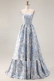 Light Blue A Line Ruffled Prom Dress with Detachable Sleeves