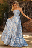 Floral Jacquard Light Blue Corset A Line Prom Dress with Detachable Straps