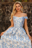 Floral Jacquard Light Blue Corset A Line Prom Dress with Detachable Straps