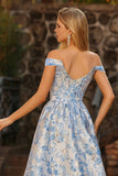 Floral Jacquard Light Blue Corset A Line Prom Dress with Detachable Straps