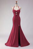 Mermaid Lilac Beaded Halter Keyhole Long Prom Dress With Slit