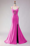 Mermaid Lilac Beaded Halter Keyhole Long Prom Dress With Slit