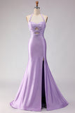 Mermaid Lilac Beaded Halter Keyhole Long Prom Dress With Slit