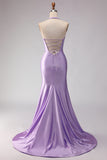 Mermaid Lilac Beaded Halter Keyhole Long Prom Dress With Slit