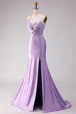 Mermaid Lilac Beaded Halter Keyhole Long Prom Dress With Slit