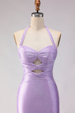 Mermaid Lilac Beaded Halter Keyhole Long Prom Dress With Slit