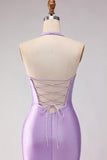 Mermaid Lilac Beaded Halter Keyhole Long Prom Dress With Slit