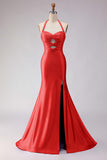 Mermaid Lilac Beaded Halter Keyhole Long Prom Dress With Slit