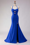 Mermaid Lilac Beaded Halter Keyhole Long Prom Dress With Slit