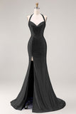 Halter Beaded Light Blue Corset Mermaid Long Prom Dress With Slit