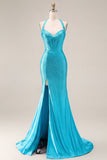 Halter Beaded Light Blue Corset Mermaid Long Prom Dress With Slit