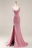 Halter Beaded Light Blue Corset Mermaid Long Prom Dress With Slit