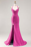 Halter Beaded Light Blue Corset Mermaid Long Prom Dress With Slit