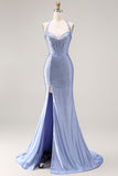 Halter Beaded Light Blue Corset Mermaid Long Prom Dress With Slit