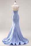 Halter Beaded Light Blue Corset Mermaid Long Prom Dress With Slit