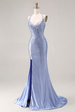 Halter Beaded Light Blue Corset Mermaid Long Prom Dress With Slit