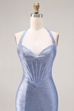 Halter Beaded Light Blue Corset Mermaid Long Prom Dress With Slit