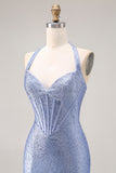 Halter Beaded Light Blue Corset Mermaid Long Prom Dress With Slit