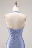 Halter Beaded Light Blue Corset Mermaid Long Prom Dress With Slit