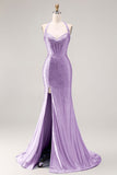 Halter Beaded Light Blue Corset Mermaid Long Prom Dress With Slit