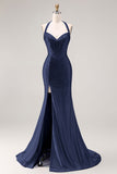 Halter Beaded Light Blue Corset Mermaid Long Prom Dress With Slit