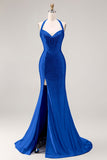 Halter Beaded Light Blue Corset Mermaid Long Prom Dress With Slit