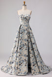 Blue Flower Sweetheart Floral Jacquard A Line Long Prom Dress With Slit